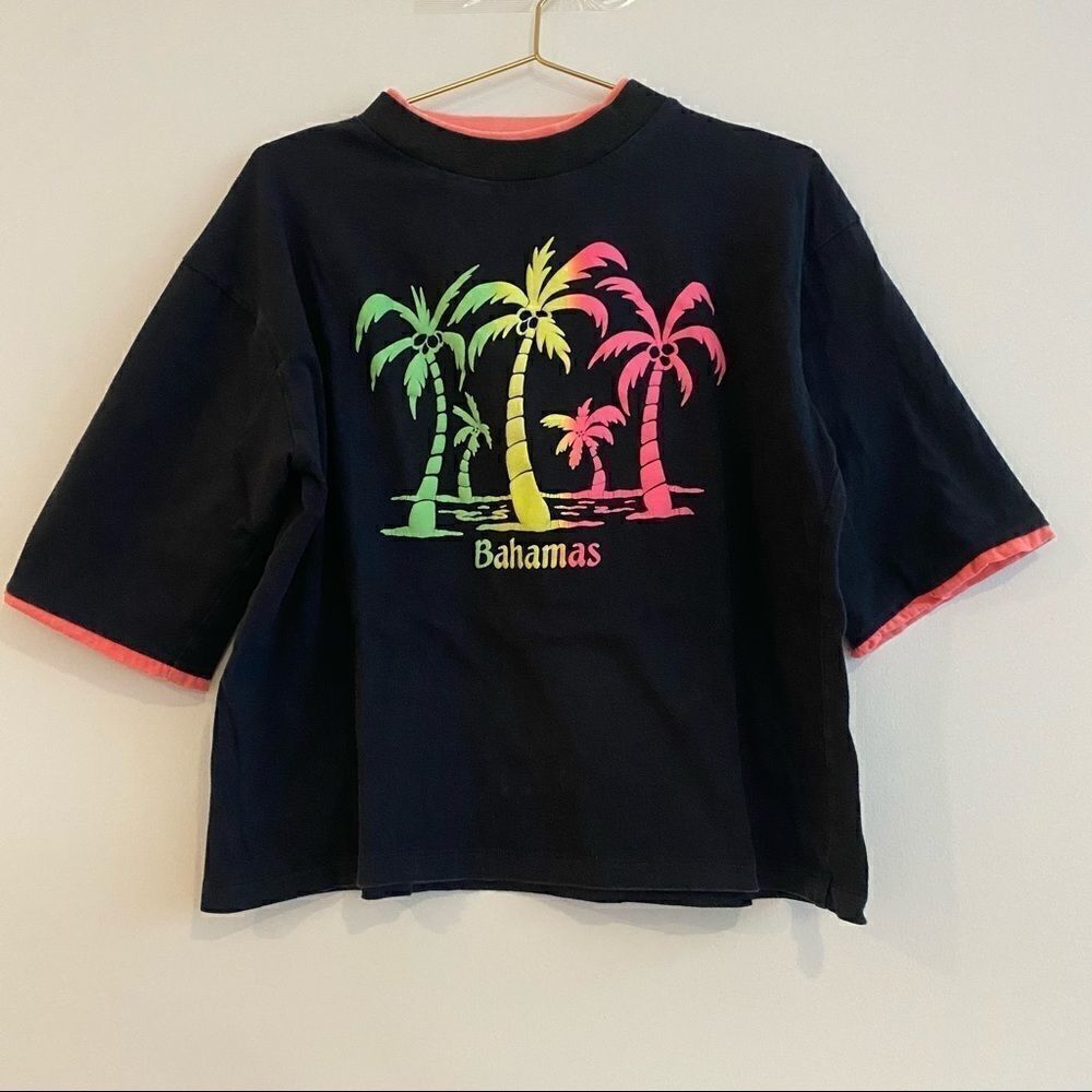 Vintage Black Boxy Layered Collar Neon Ombré Palm Tree Bahamas Graphic Tshirt XL